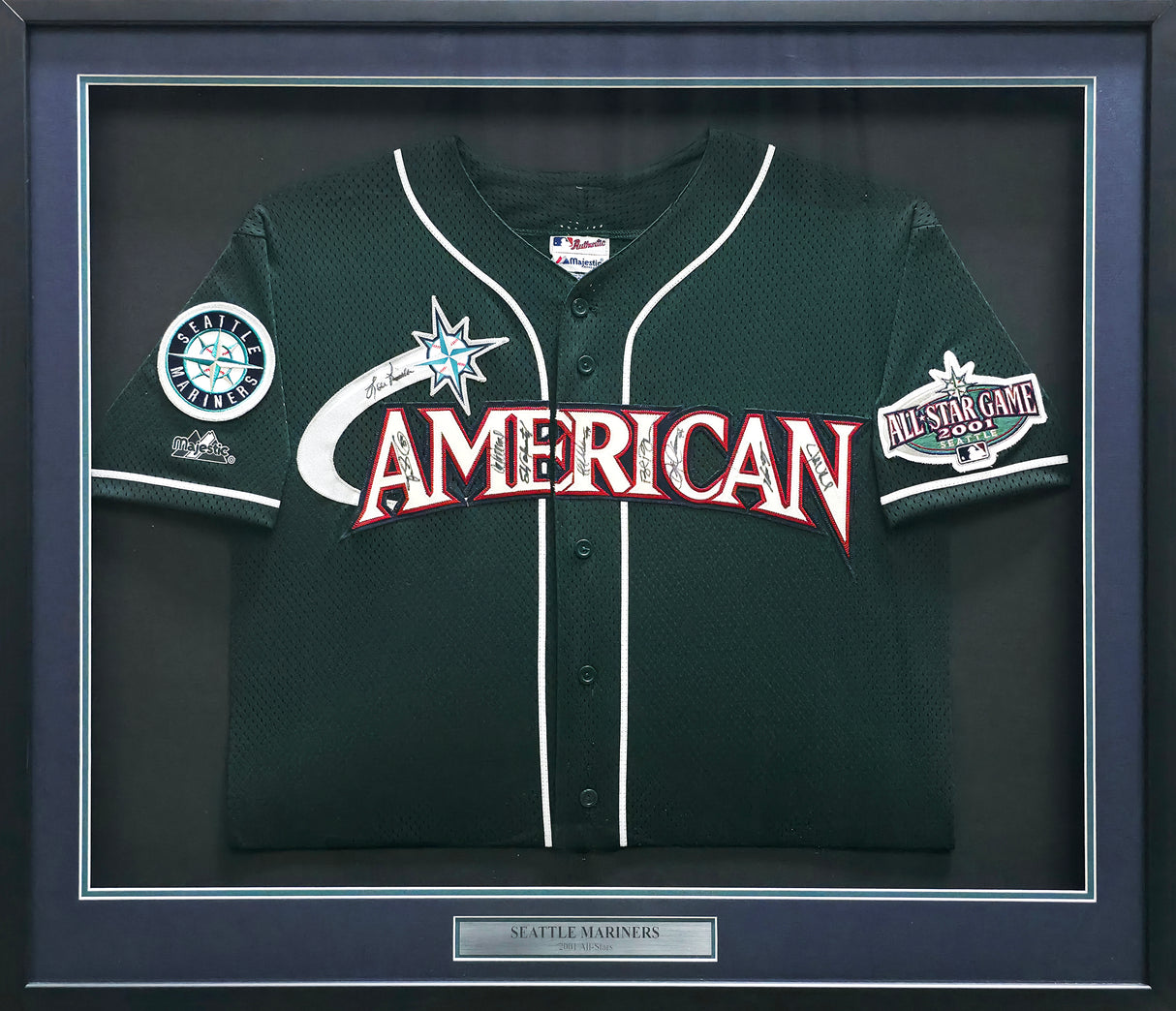 2001 Seattle Mariners All Star Team Autographed Framed Green Majestic Jersey With 9 Signatures Including Ichiro Suzuki Beckett BAS #AE16698