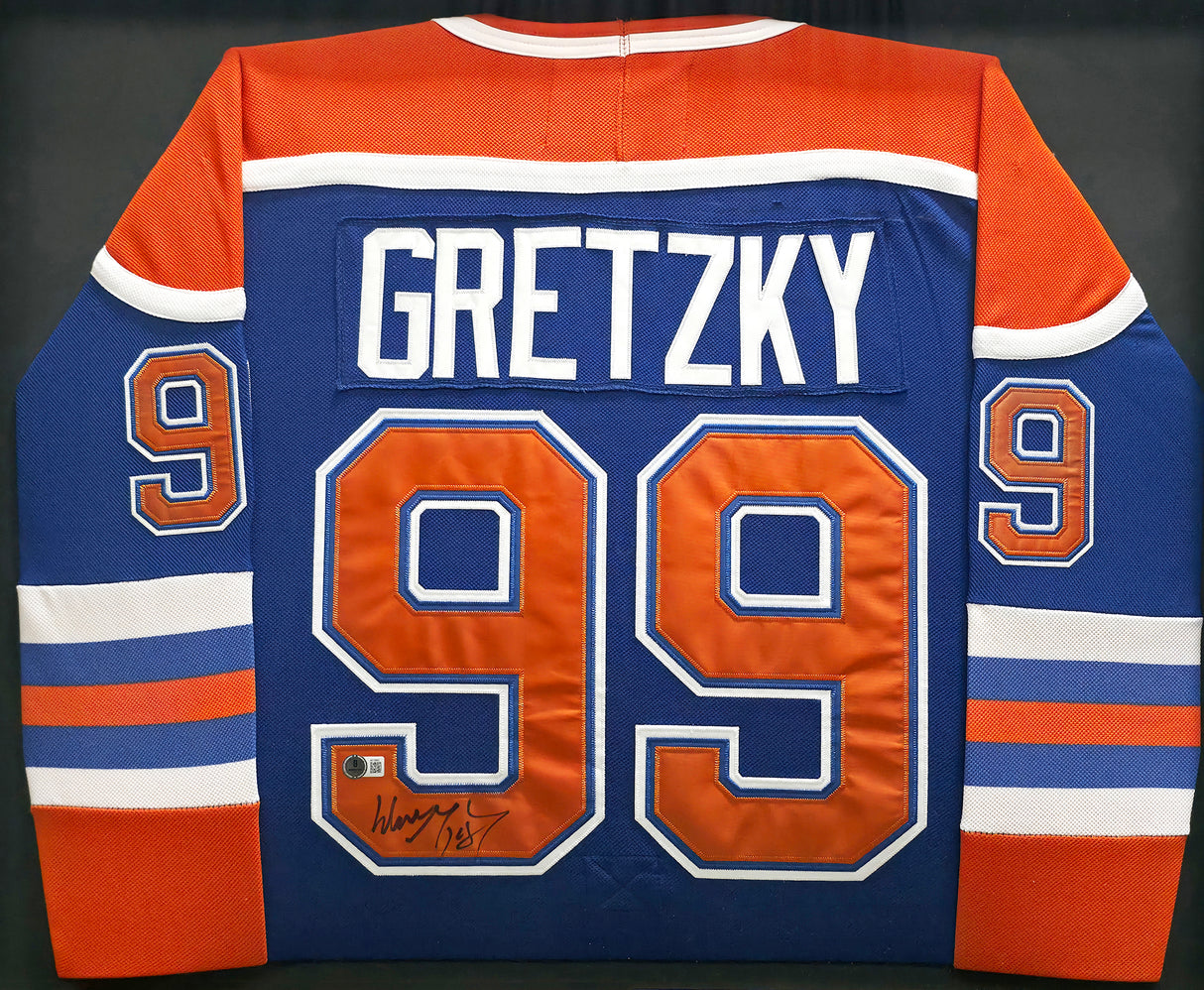 Edmonton Oilers Wayne Gretzky Autographed Framed Orange & Blue Jersey PSA/DNA & Beckett BAS #AE16692