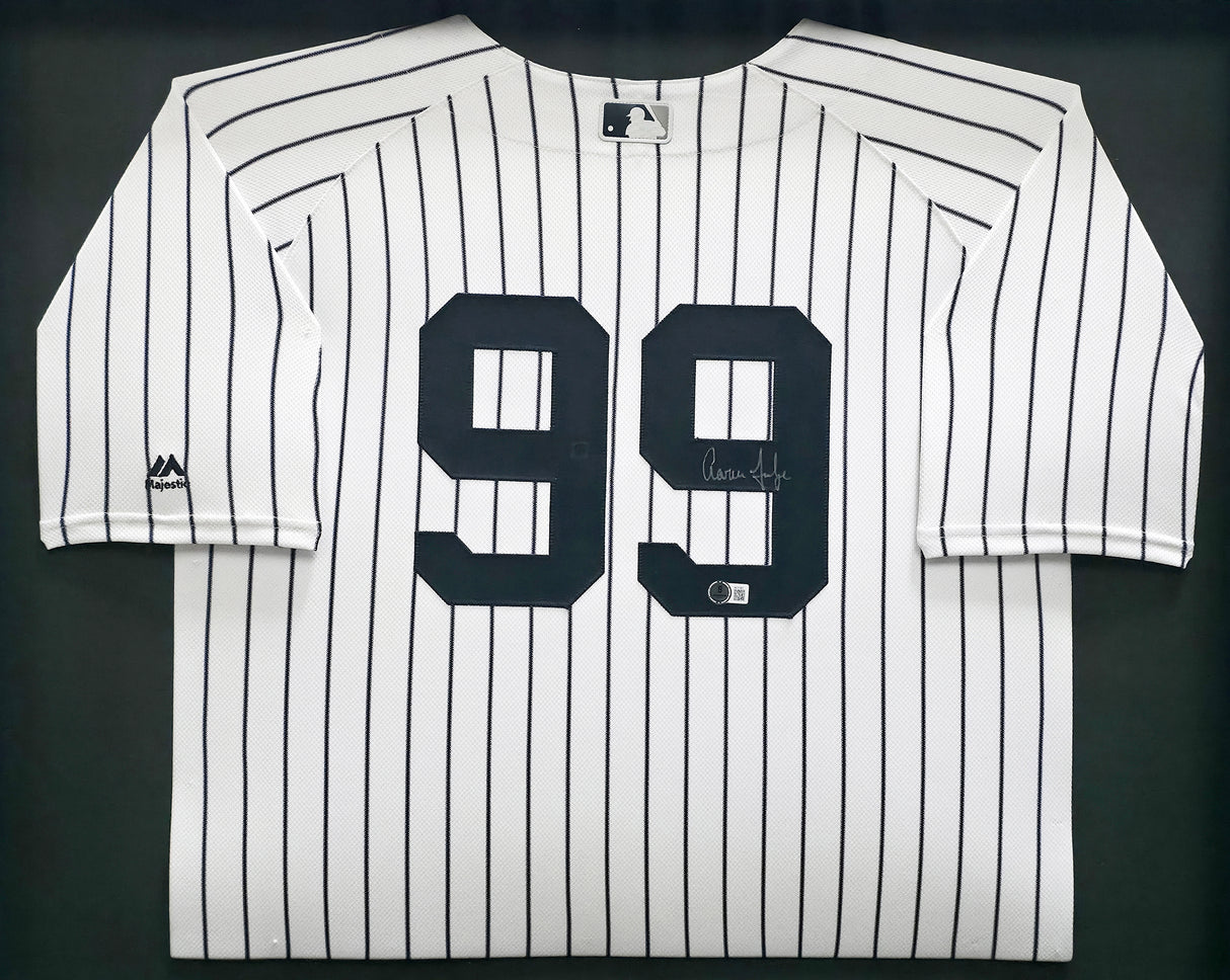New York Yankees Aaron Judge Autographed Framed White Pinstripes Majestic Jersey Beckett BAS QR #AE31367