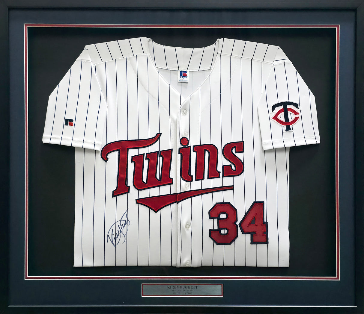 Minnesota Twins Kirby Puckett Autographed Framed White Pinstripes Russell Jersey JSA #ZZ67859