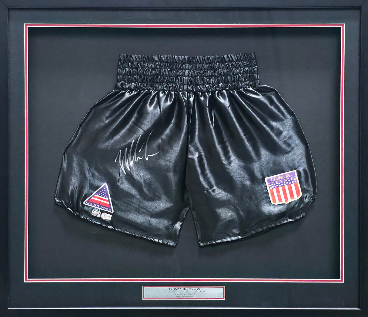 Mike Tyson Autographed Framed Black Boxing Trunks Beckett BAS Witness Stock #266062