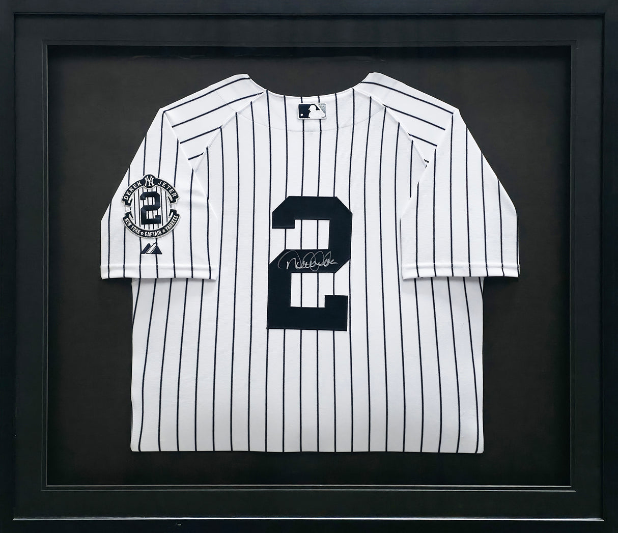 New York Yankees Derek Jeter Autographed Framed White Pinstripes Majestic Captain Patch Jersey Beckett BAS #AC97025