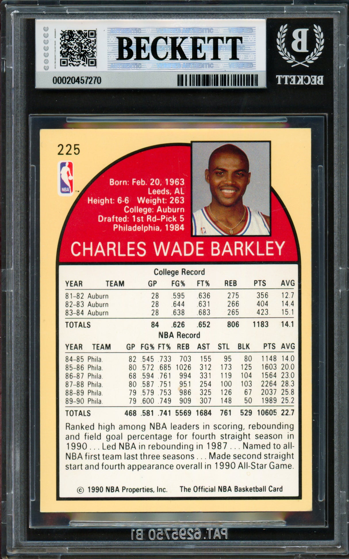 Charles Barkley Autographed 1990-91 Hoops Card #225 Philadelphia 76ers Beckett BAS #20457270