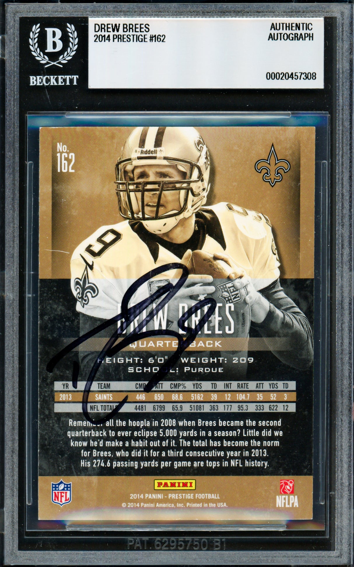 Drew Brees Autographed 2014 Panini Prestige Card #162 New Orleans Saints Beckett BAS #20457308