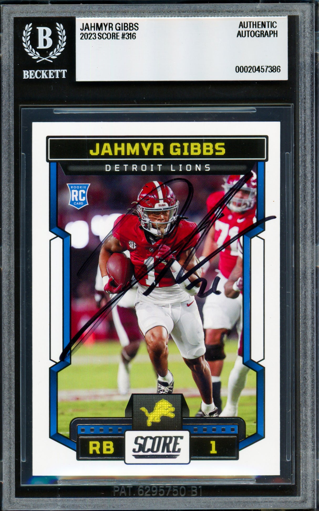 Jahmyr Gibbs Autographed 2023 Score Rookie Card #316 Detroit Lions Beckett BAS #20457386