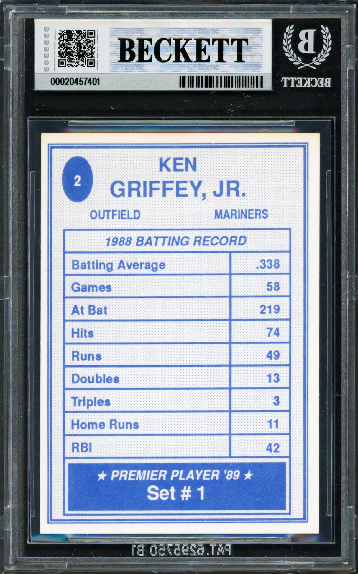 Ken Griffey Jr. Autographed 1989 Premier Player Card #2 Seattle Mariners Beckett BAS #20457401