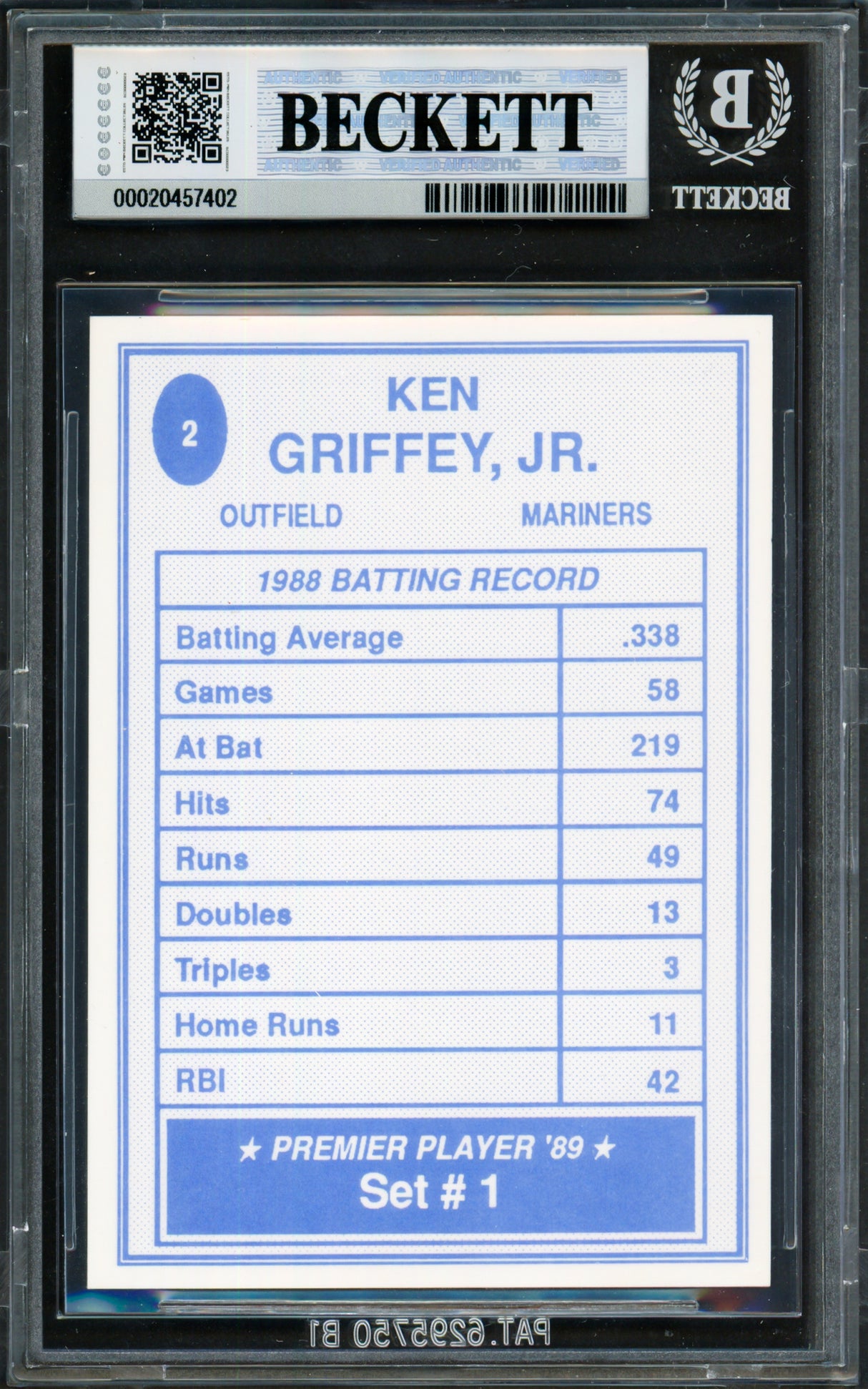 Ken Griffey Jr. Autographed 1989 Premier Player Card #2 Seattle Mariners Beckett BAS #20457402