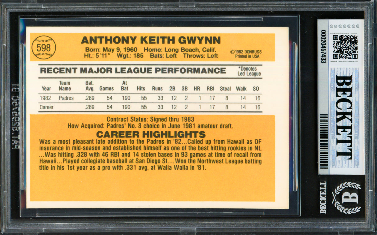 Tony Gwynn Autographed 1983 Donruss Card #598 San Diego Padres Beckett BAS #20457433