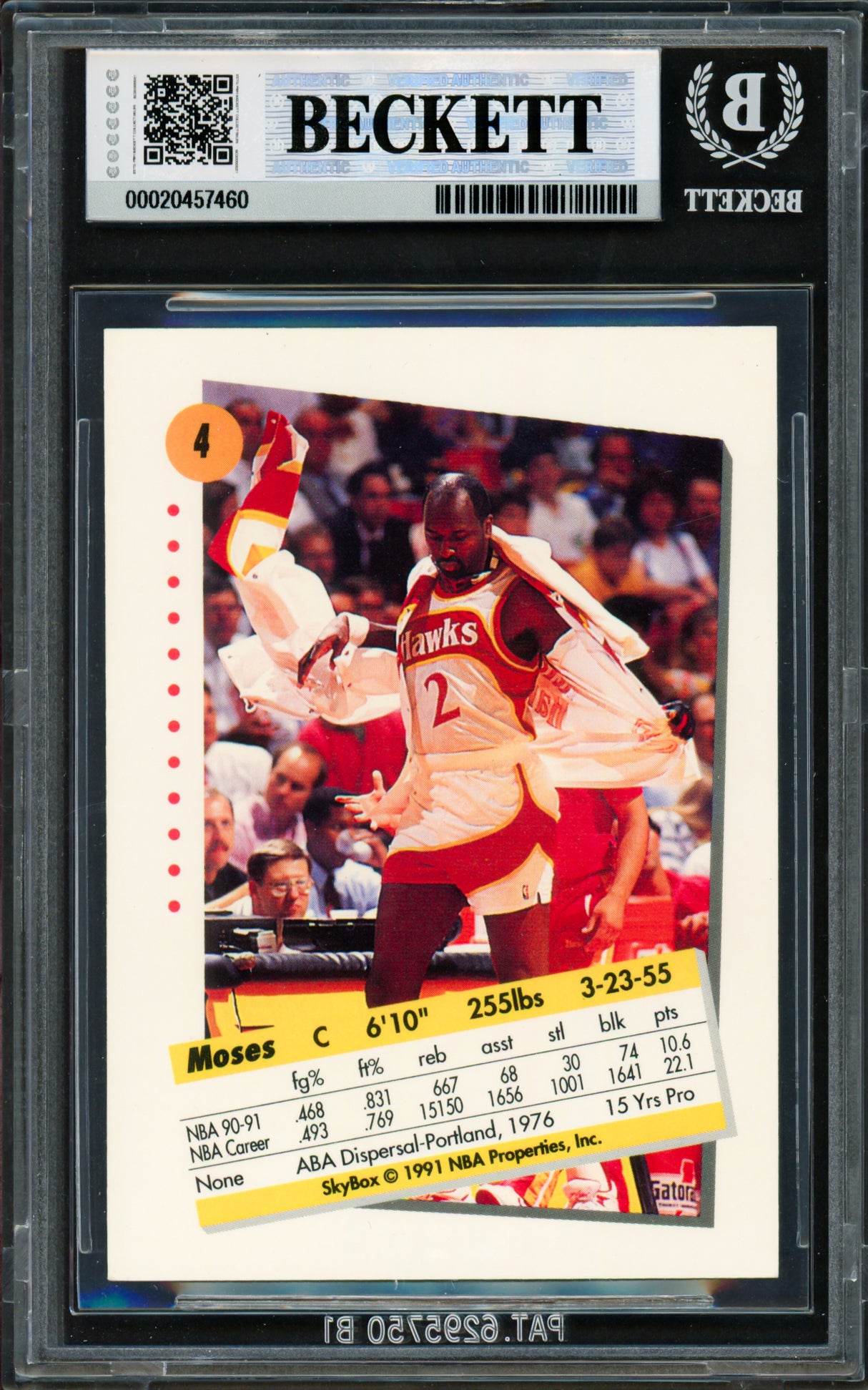 Moses Malone Autographed 1991-92 Skybox Card #4 Atlanta Hawks Beckett BAS #20457460