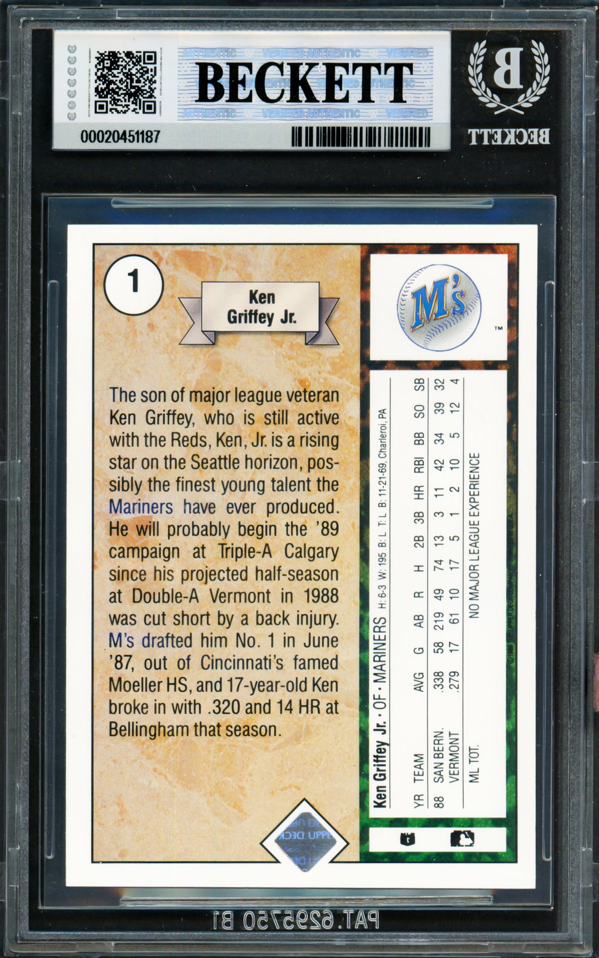 Ken Griffey Jr. Autographed 1989 Upper Deck Rookie Card #1 Seattle Mariners BGS 9 Auto Grade Mint 9 Beckett BAS #20451187