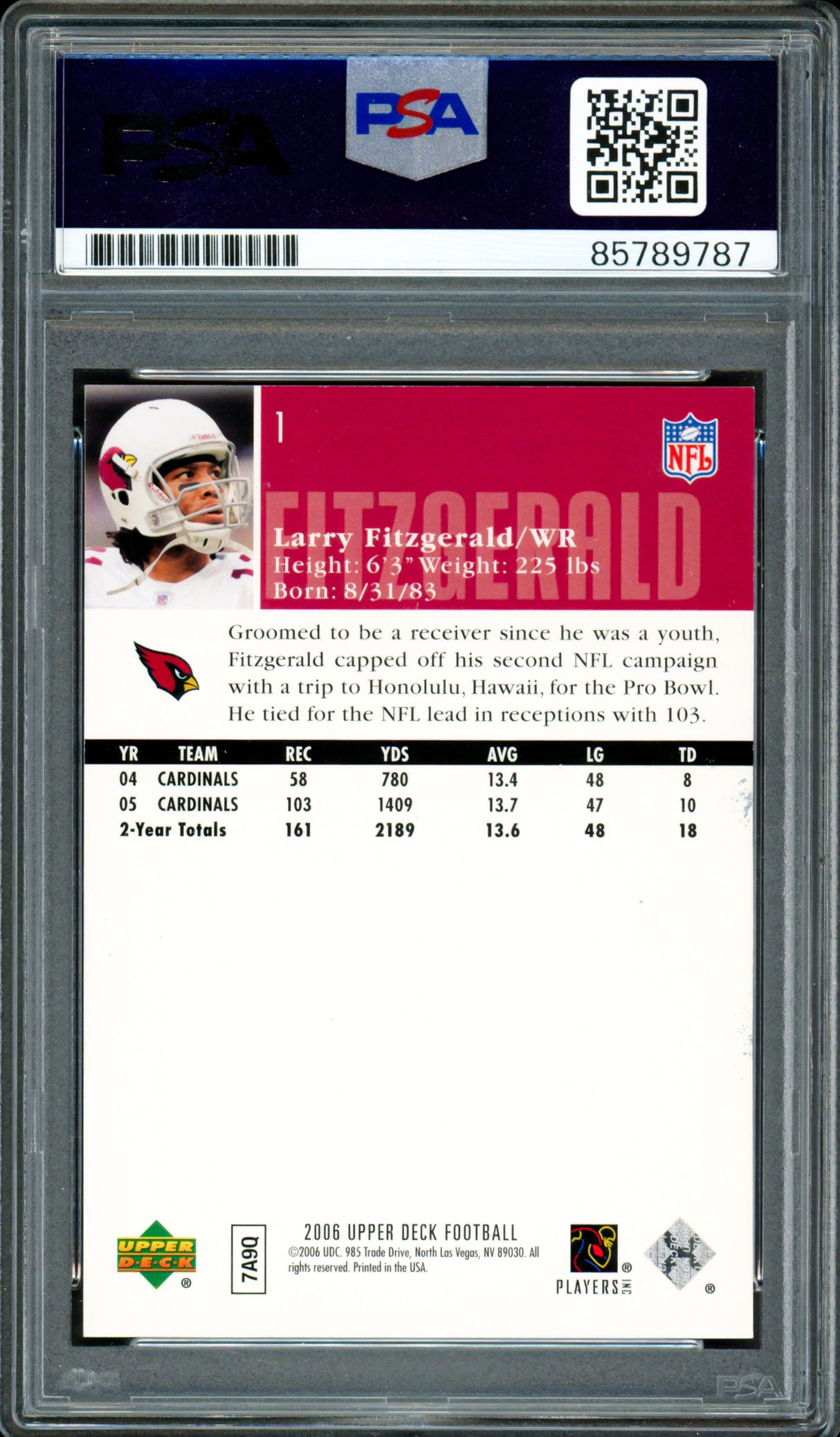 Larry Fitzgerald Autographed 2006 Upper Deck Card #1 Arizona Cardinals Auto Grade Gem Mint 10 PSA/DNA #85789787