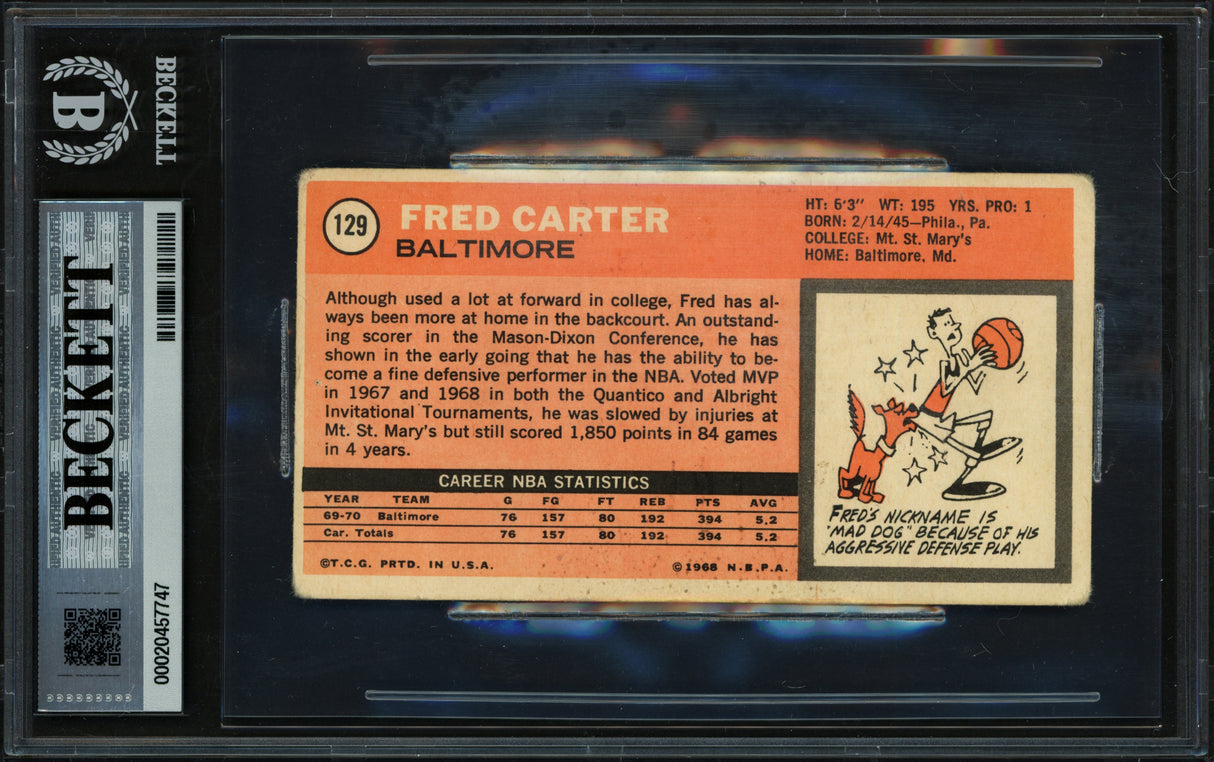 Fred Carter Autographed 1970-71 Topps Rookie Card #129 Baltimore Bullets Beckett BAS #20457747