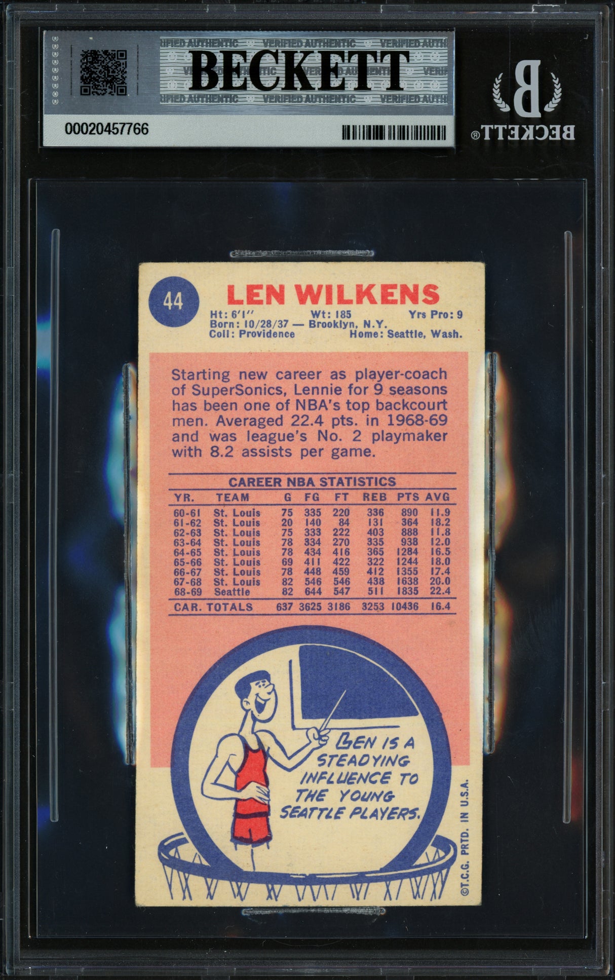 Lenny Len Wilkins Autographed 1969-70 Topps Card #44 Seattle Supersonics Beckett BAS #20457766