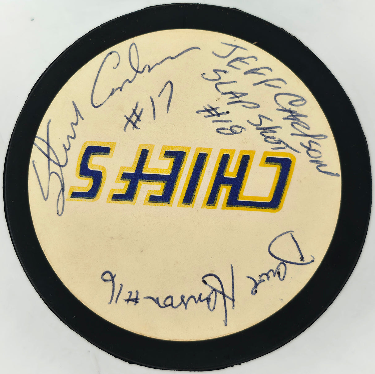 Hanson Brothers Autographed Official Chiefs Logo Hockey Puck Slap Shot SKU #266841