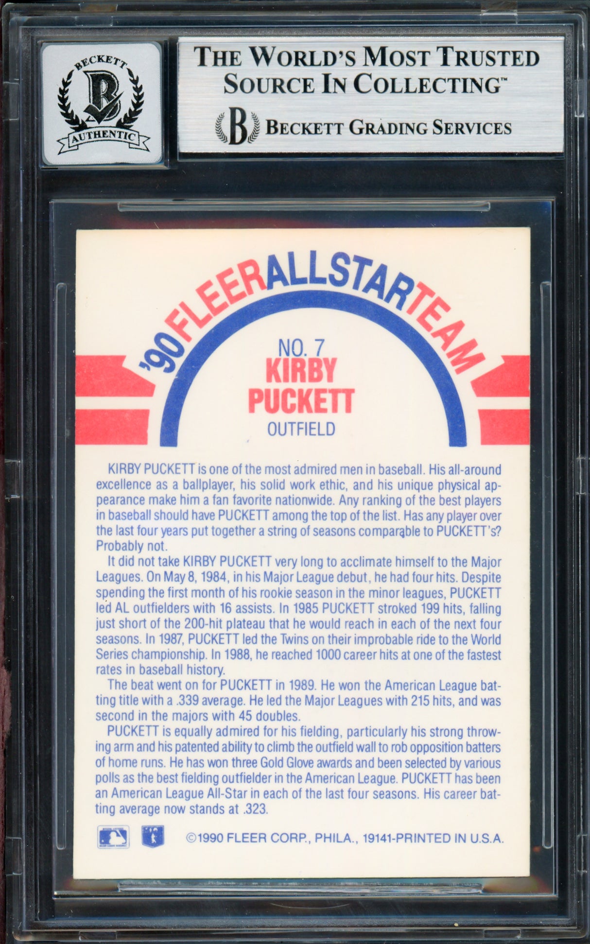 Kirby Puckett Autographed 1990 Fleer Card #7 Minnesota Twins Auto Grade Gem Mint 10 Beckett BAS #19374071