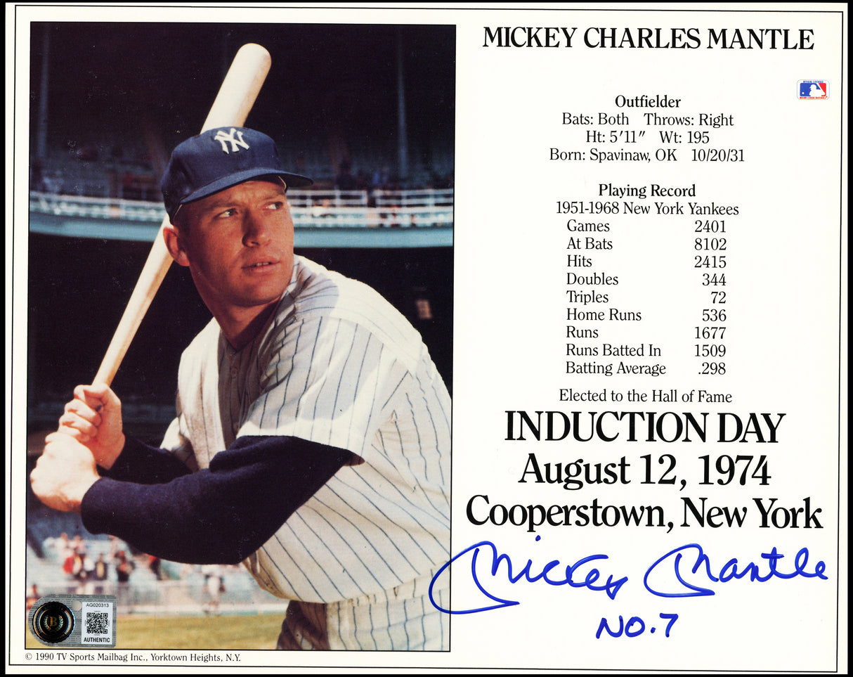 Mickey Mantle Autographed HOF Induction Day 8x10 Photo New York Yankees "No. 7" Beckett BAS #AG020313