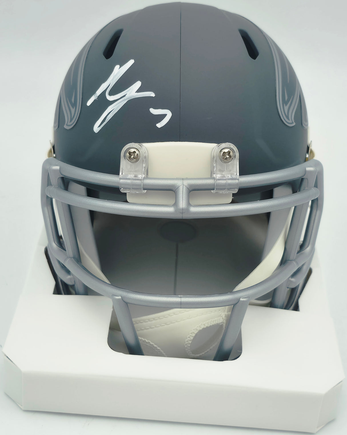 Bijan Robinson Autographed Atlanta Falcons Slate Gray Speed Mini Helmet Beckett BAS Witness #1W878899
