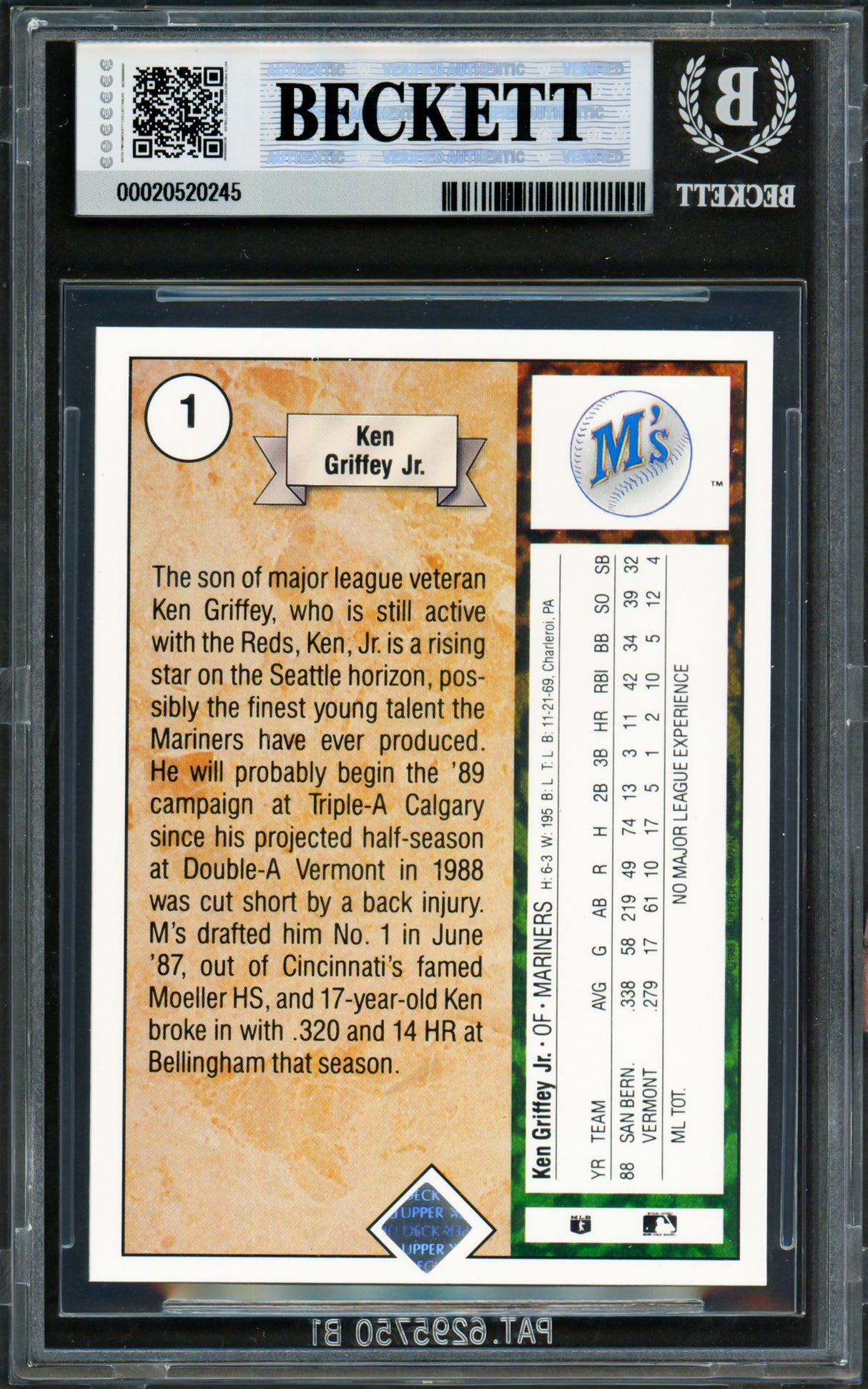 Ken Griffey Jr. Autographed 1989 Upper Deck Rookie Card #1 Seattle Mariners BGS 8.5 Auto Grade Gem Mint 10 Beckett BAS #20520245
