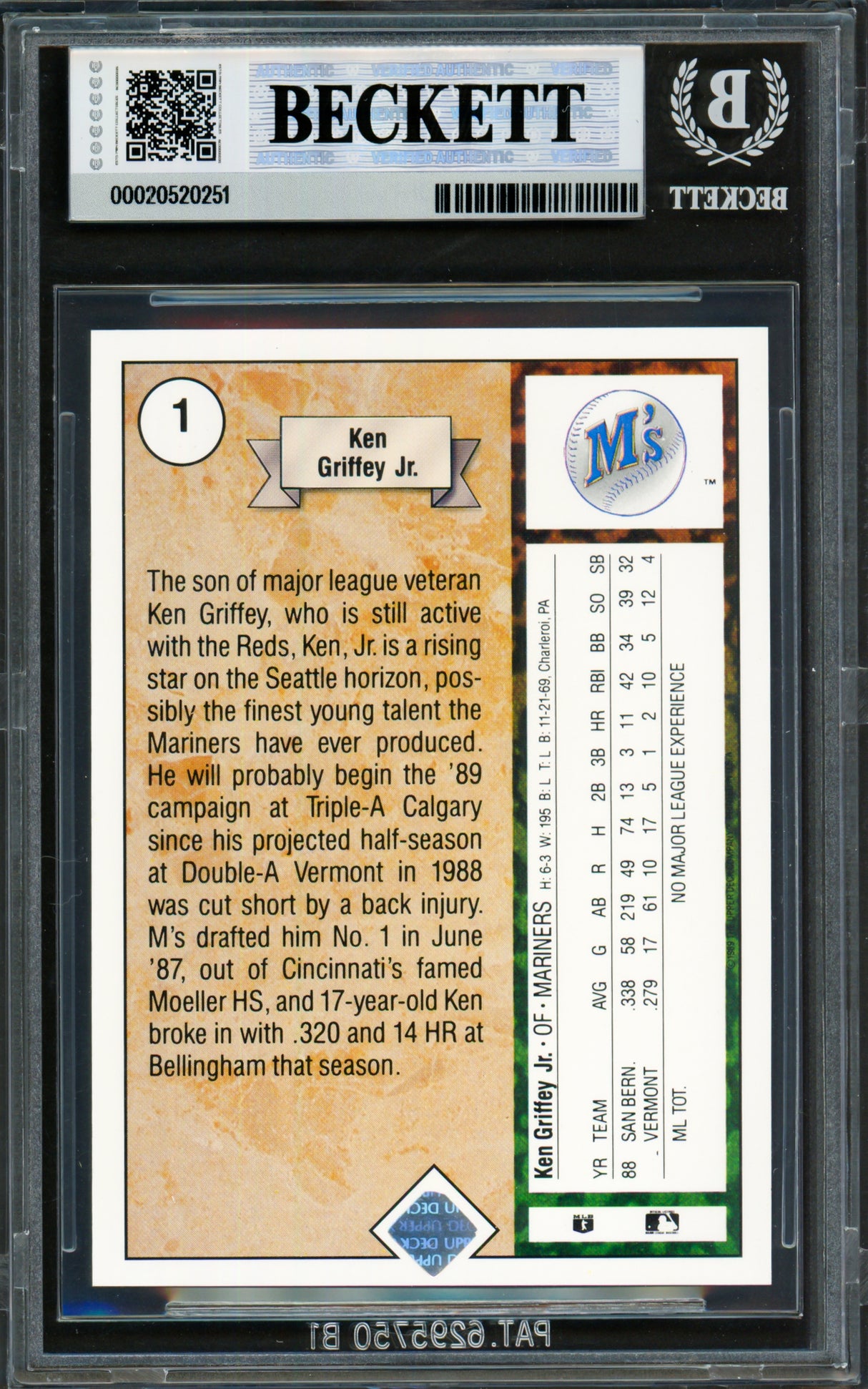 Ken Griffey Jr. Autographed 1989 Upper Deck Rookie Card #1 Seattle Mariners BGS 8.5 Auto Grade Gem Mint 10 Beckett BAS #20520251
