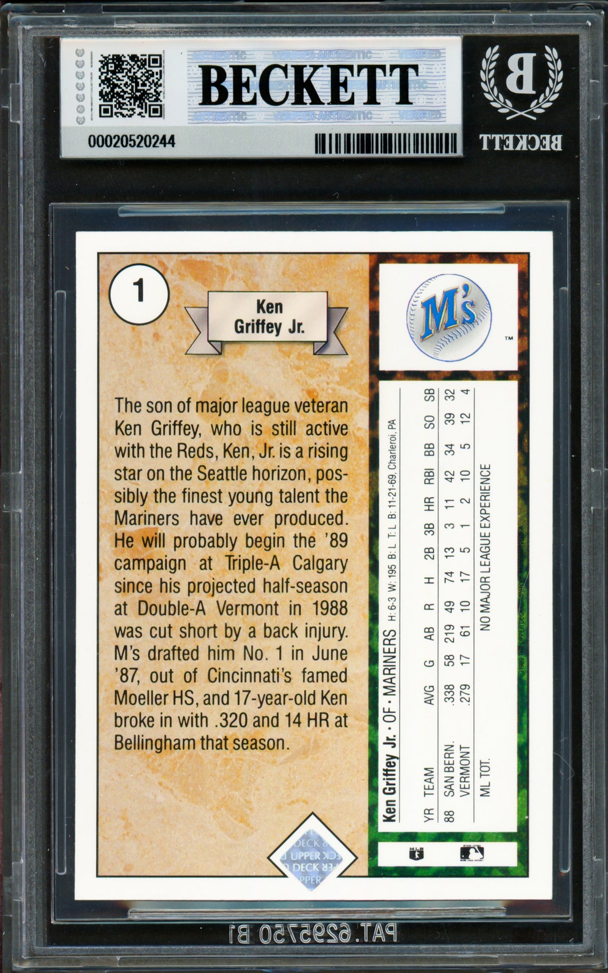 Ken Griffey Jr. Autographed 1989 Upper Deck Rookie Card #1 Seattle Mariners BGS 8 Auto Grade Gem Mint 10 Beckett BAS #20520244