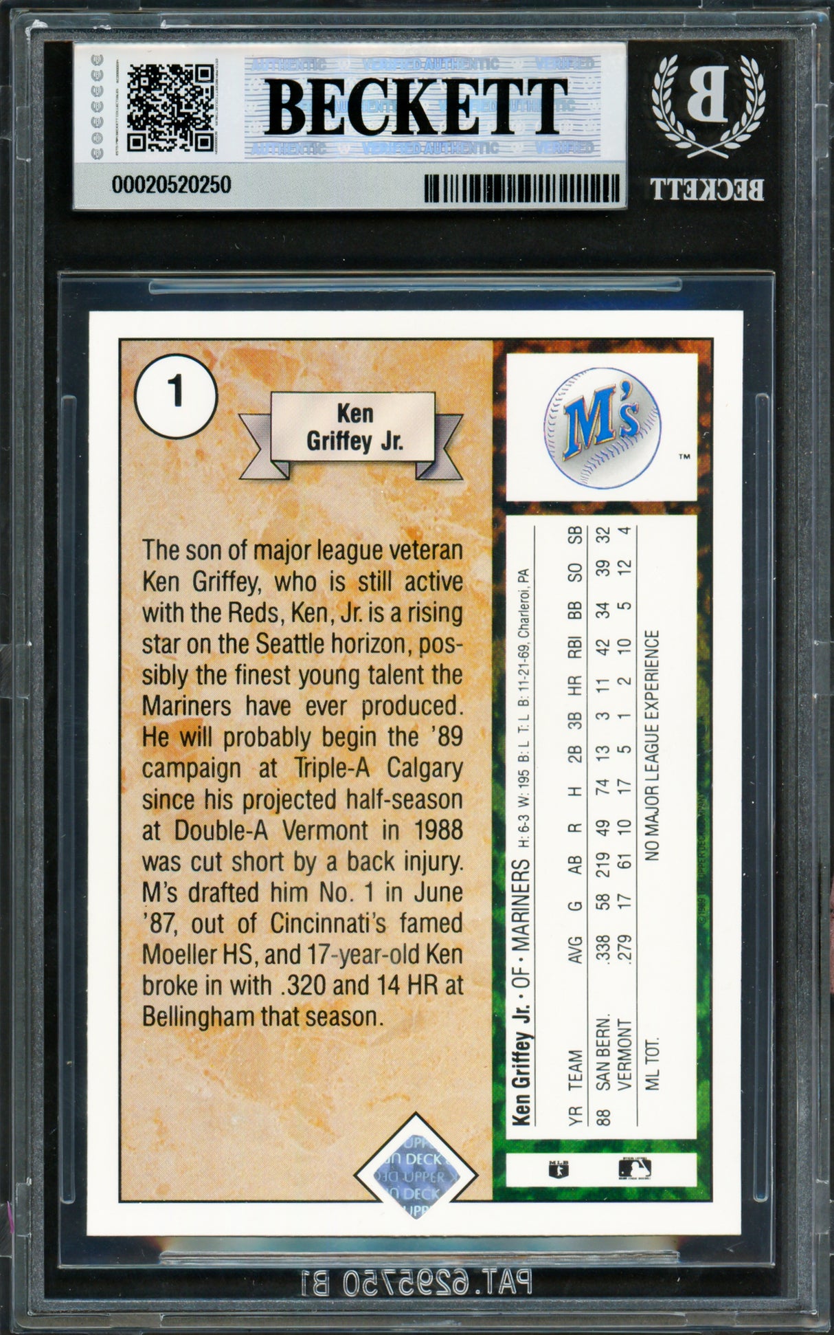 Ken Griffey Jr. Autographed 1989 Upper Deck Rookie Card #1 Seattle Mariners BGS 7 Auto Grade Gem Mint 10 Beckett BAS #20520250