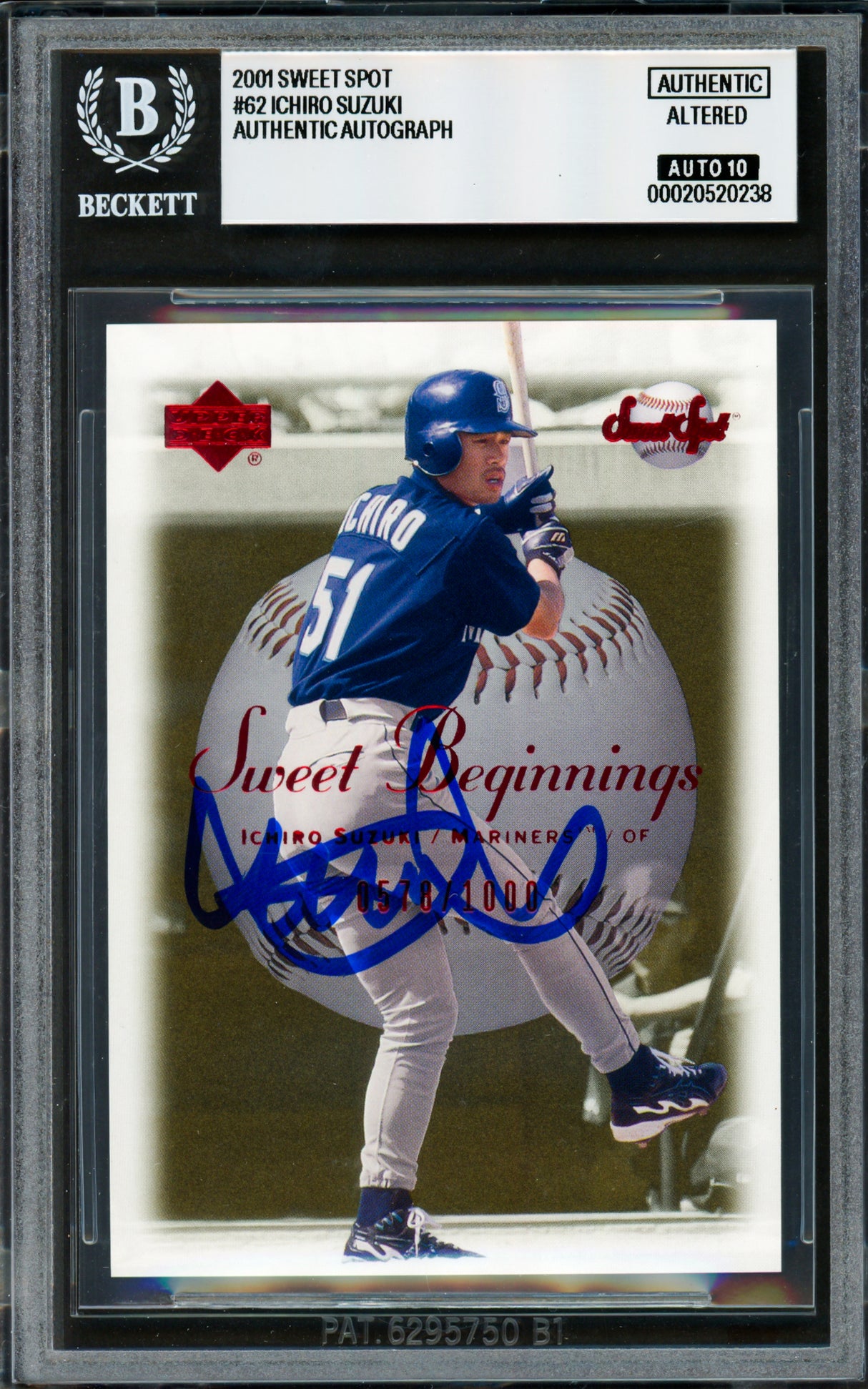 Ichiro Suzuki Autographed 2001 Upper Deck Sweet Spot Rookie Card #62 Seattle Mariners Auto Grade Gem Mint 10 (Altered) #578/1000 Beckett BAS #20520238
