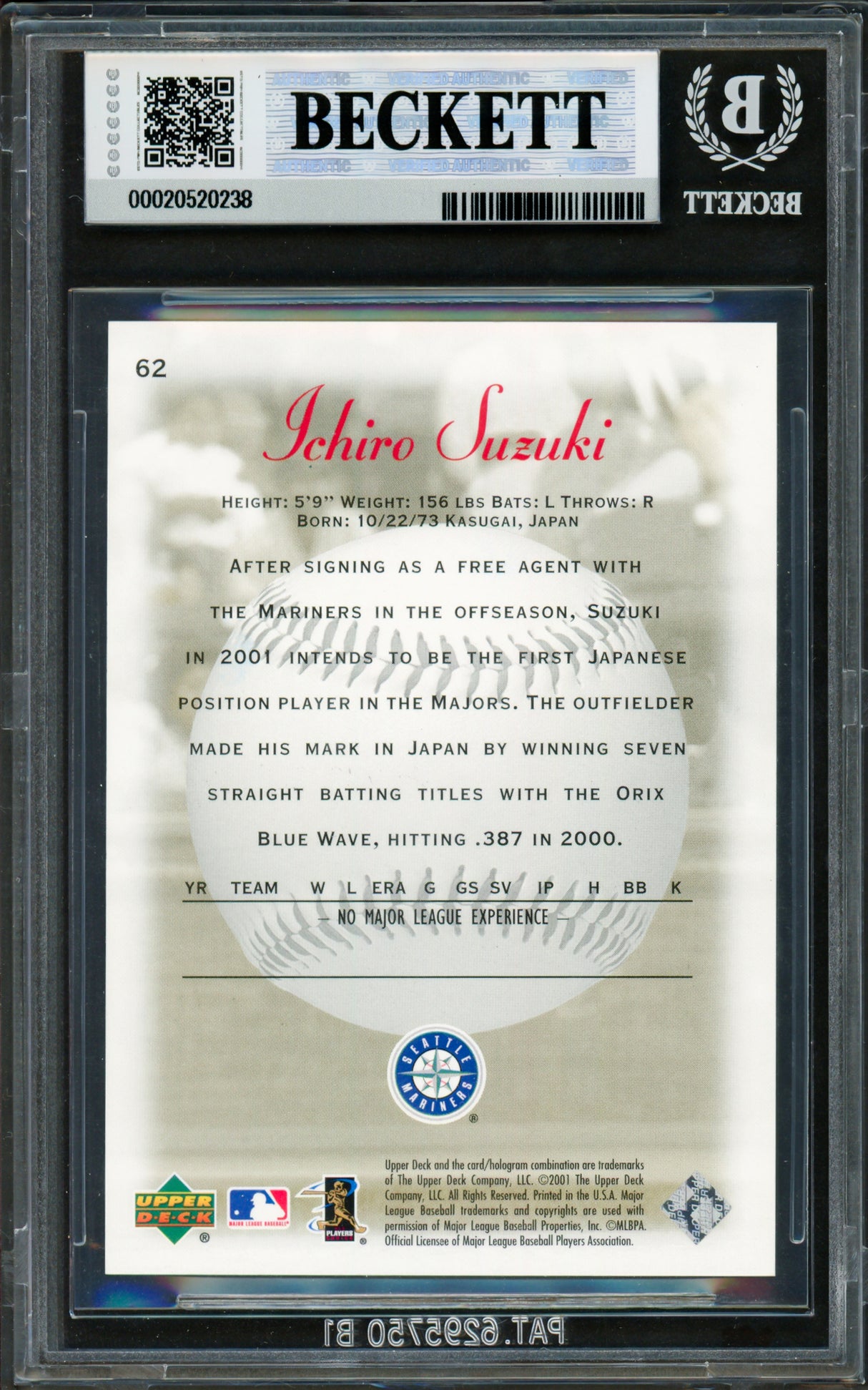 Ichiro Suzuki Autographed 2001 Upper Deck Sweet Spot Rookie Card #62 Seattle Mariners Auto Grade Gem Mint 10 (Altered) #578/1000 Beckett BAS #20520238