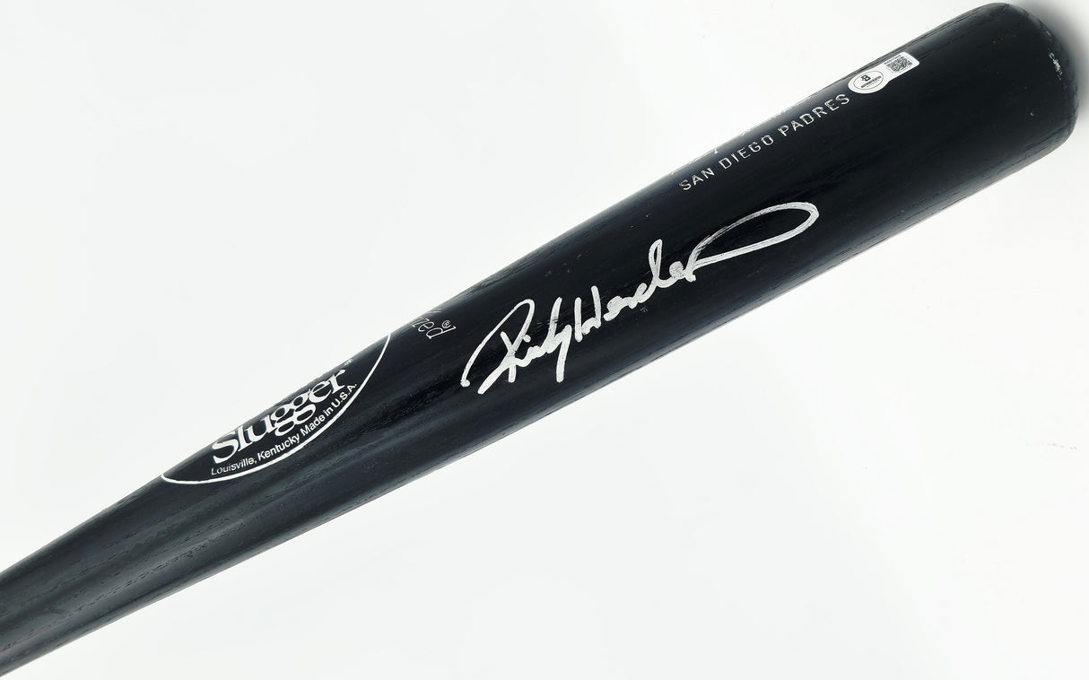 Rickey Henderson Autographed Game Issued Louisville Slugger T141 Baseball Bat San Diego Padres Beckett BAS QR #BX67569