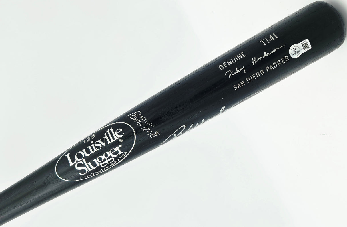 Rickey Henderson Autographed Game Issued Louisville Slugger T141 Baseball Bat San Diego Padres Beckett BAS QR #BX67569