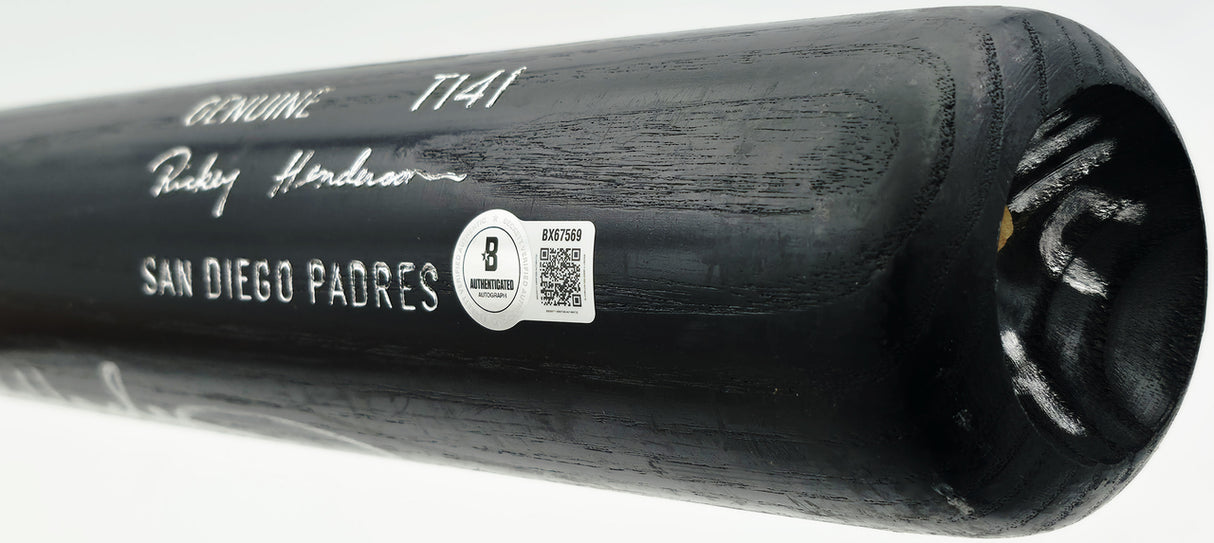 Rickey Henderson Autographed Game Issued Louisville Slugger T141 Baseball Bat San Diego Padres Beckett BAS QR #BX67569