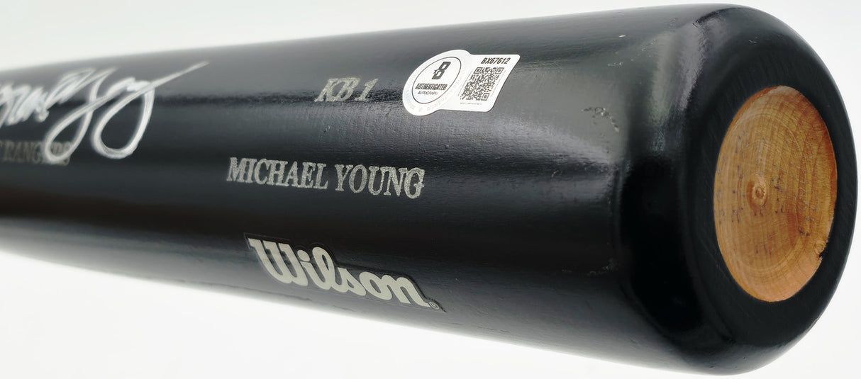 Michael Young Autographed Game Issued Sam KB1 Baseball Bat Texas Rangers Beckett BAS QR #BX67612