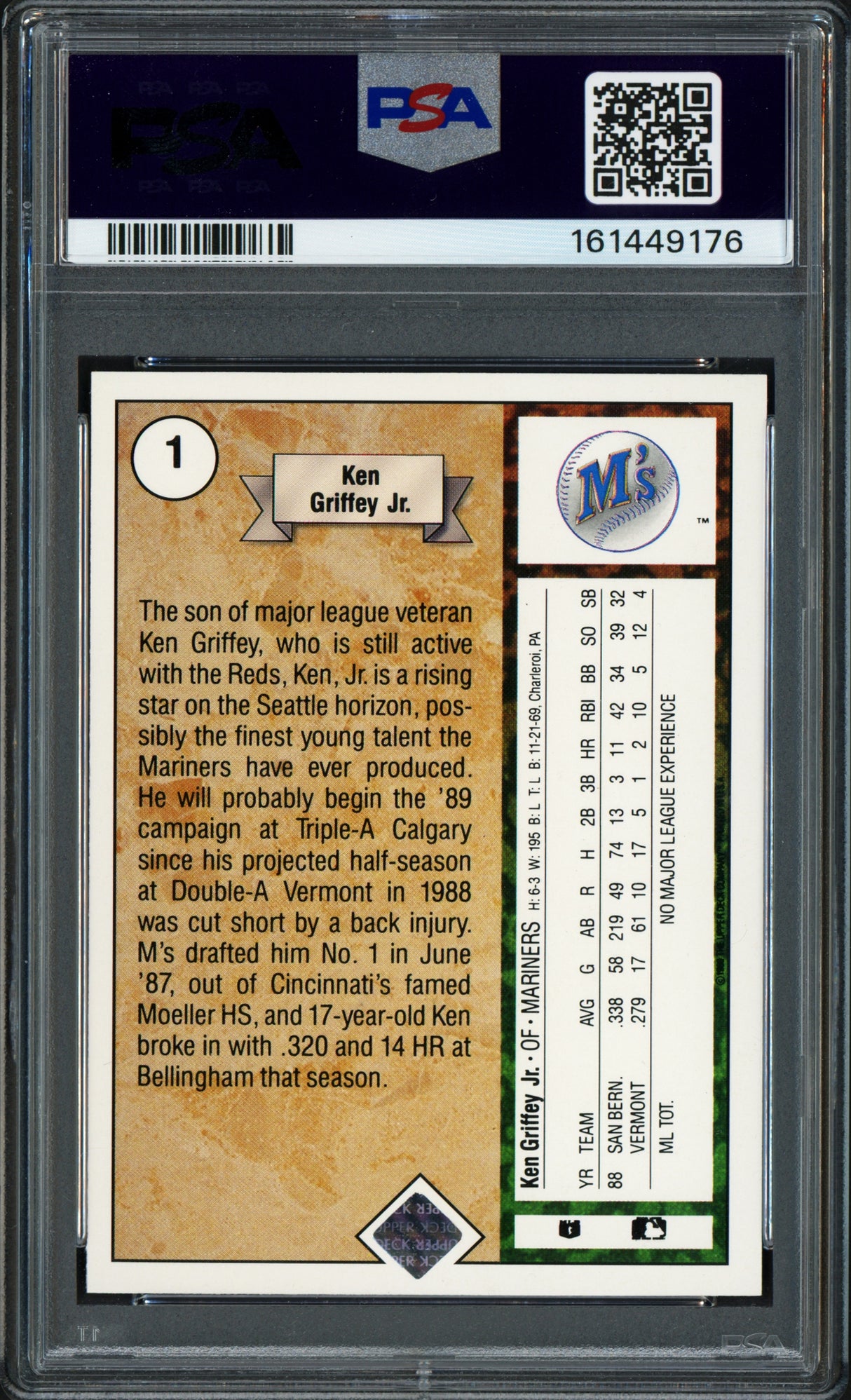 Ken Griffey Jr. Autographed 1989 Upper Deck Rookie Card #1 Seattle Mariners PSA 7 Auto Grade Gem Mint 10 PSA/DNA #161449176
