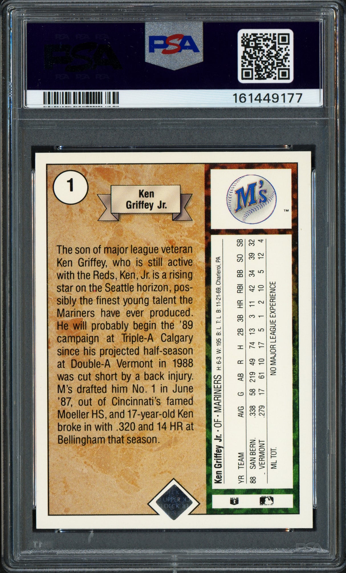 Ken Griffey Jr. Autographed 1989 Upper Deck Rookie Card #1 Seattle Mariners PSA 5 Auto Grade Gem Mint 10 PSA/DNA #161449177