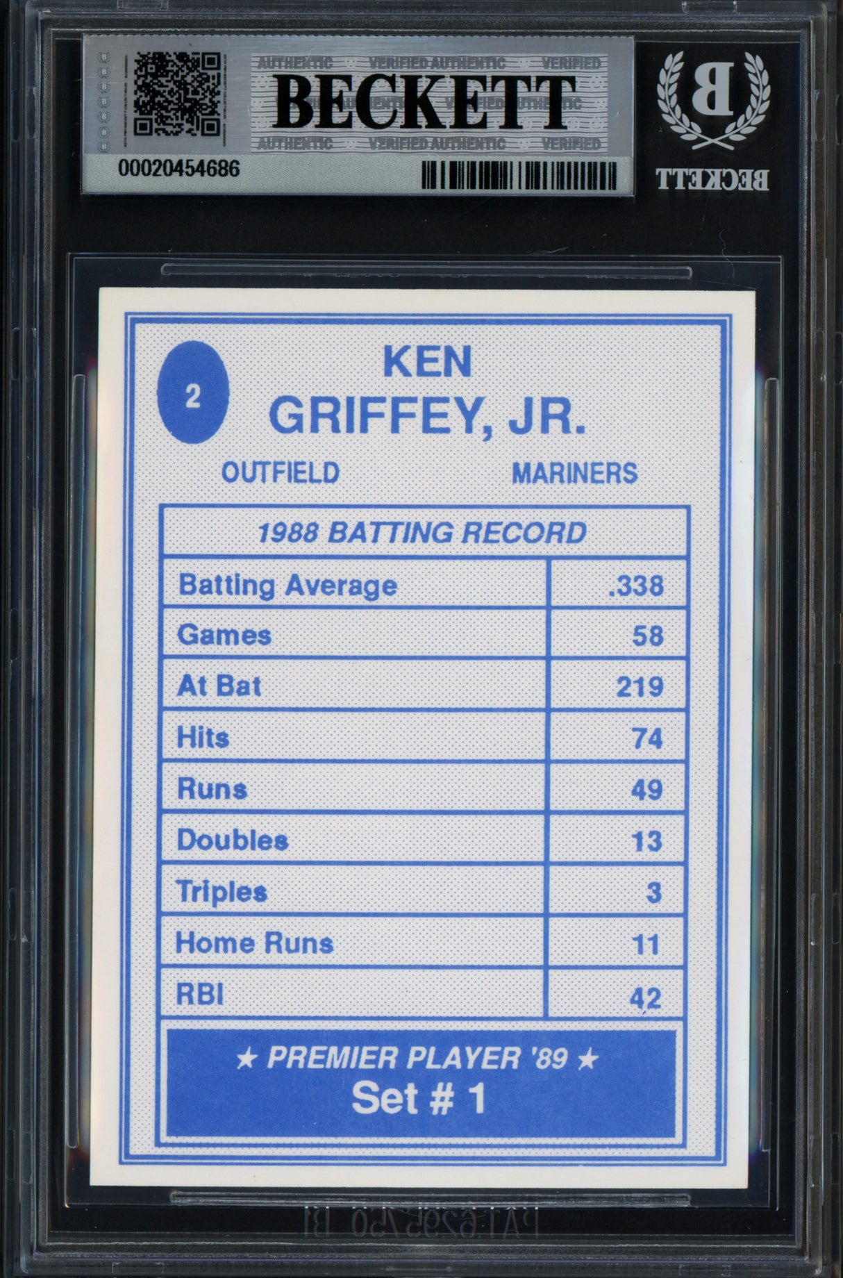 Ken Griffey Jr. Autographed 1989 Premier Player Card #2 Seattle Mariners Auto Grade Gem Mint 10 Beckett BAS Stock #266150