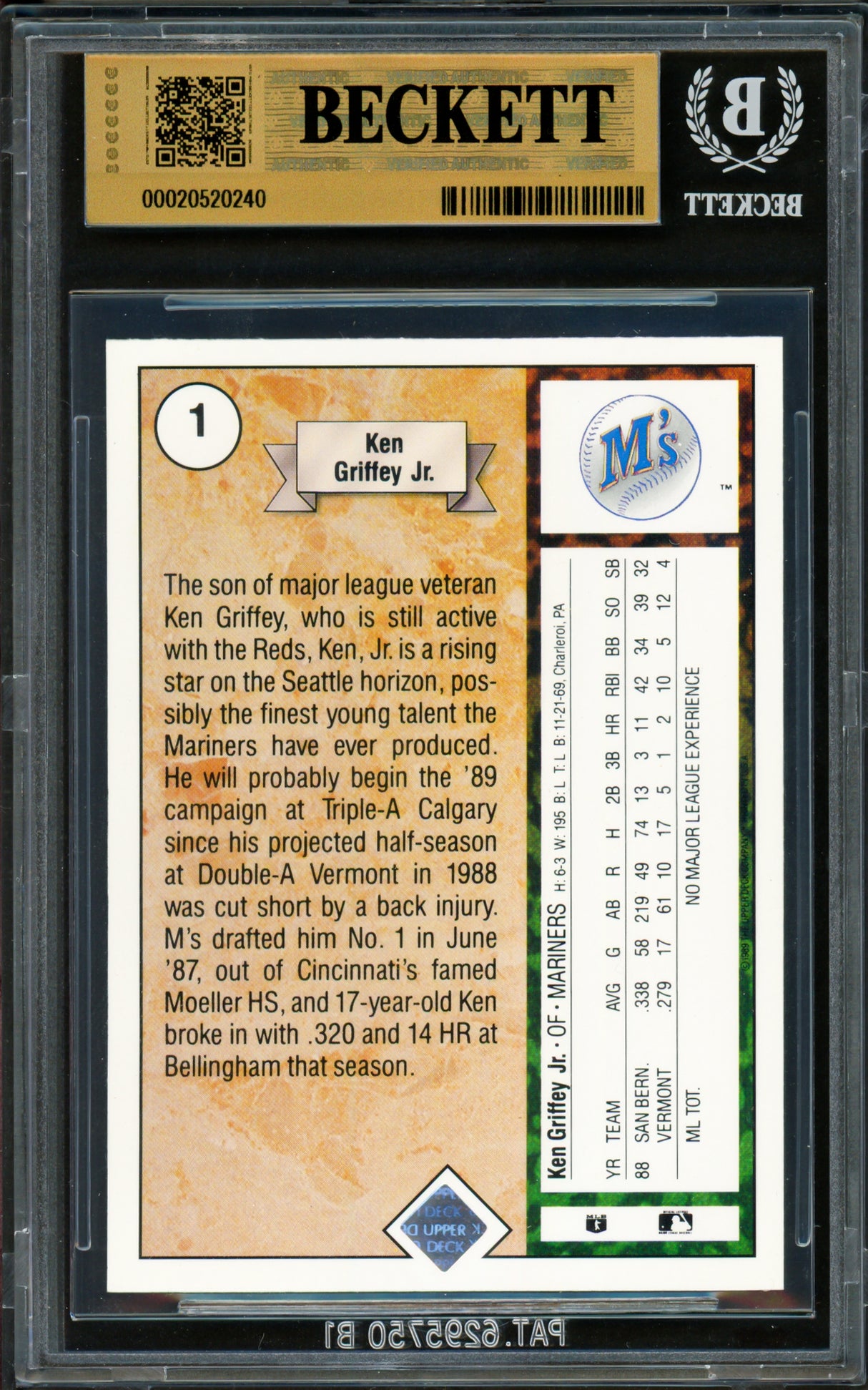 Ken Griffey Jr. Autographed 1989 Upper Deck Rookie Card #1 Seattle Mariners BGS 9.5 Auto Grade Gem Mint 10 Beckett BAS #20520240
