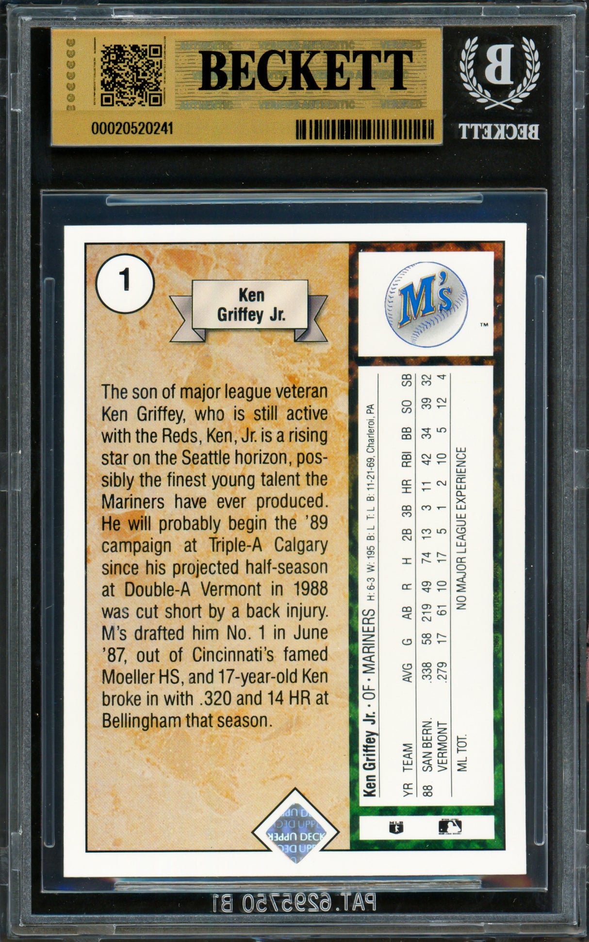 Ken Griffey Jr. Autographed 1989 Upper Deck Rookie Card #1 Seattle Mariners BGS 9.5 Auto Grade Gem Mint 10 Beckett BAS #20520241