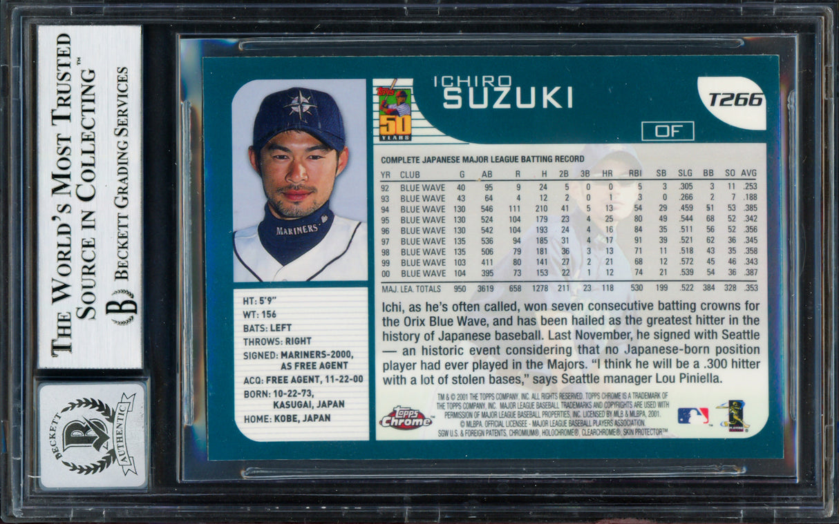Ichiro Suzuki Autographed 2001 Topps Chrome Traded Rookie Card #T266 Seattle Mariners Auto Grade Gem Mint 10 Beckett BAS #14129109
