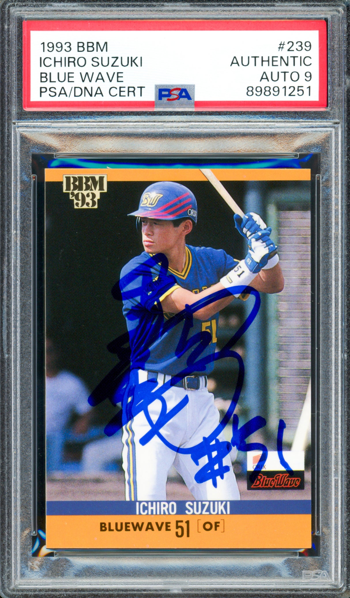 Ichiro Suzuki Autographed 1993 BBM Rookie Card #239 Orix BlueWave Auto Grade Mint 9 "#51" (In Kanji) PSA/DNA #89891251