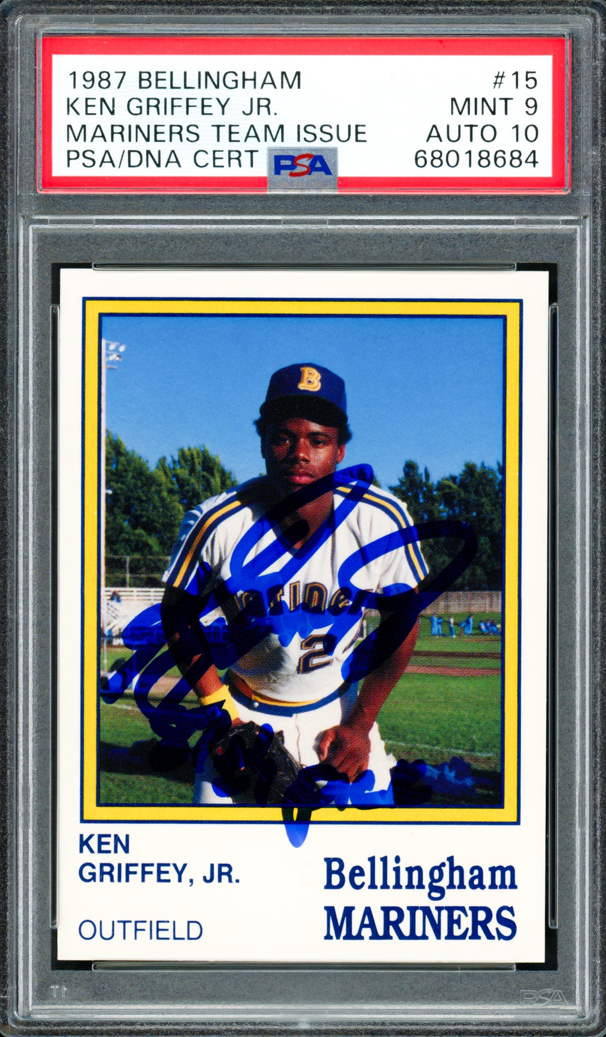 Ken Griffey Jr. Autographed 1987 Bellingham Rookie Card #15 Seattle Mariners PSA 9 Auto Grade Gem Mint 10 "87 #1 Pick" PSA/DNA #68018684
