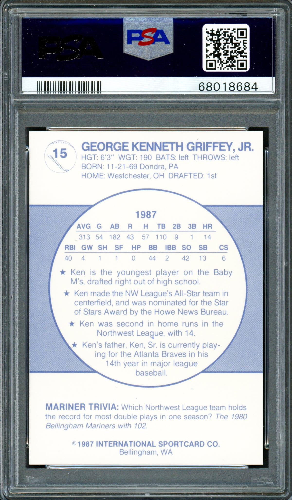 Ken Griffey Jr. Autographed 1987 Bellingham Rookie Card #15 Seattle Mariners PSA 9 Auto Grade Gem Mint 10 "87 #1 Pick" PSA/DNA #68018684