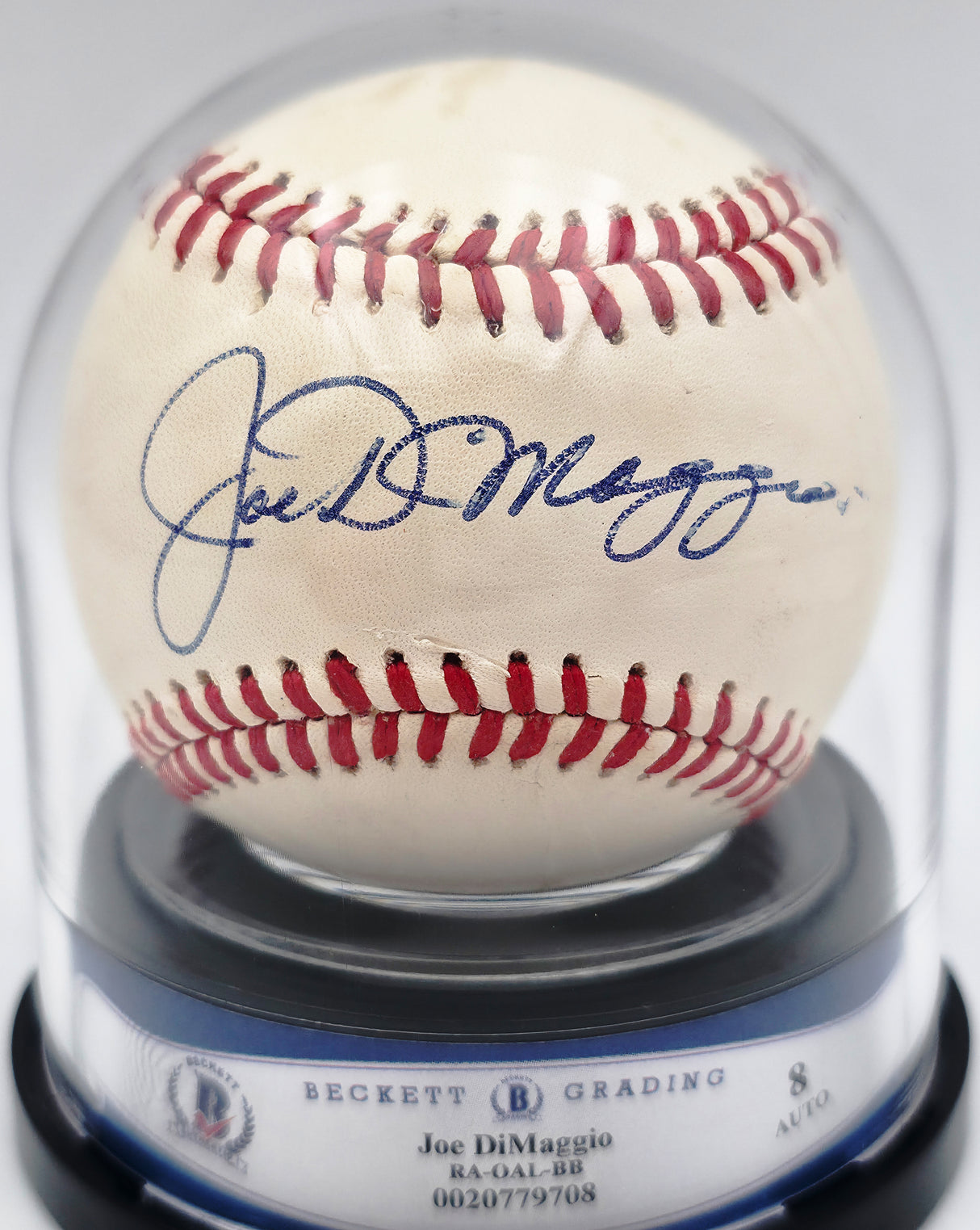 Joe Dimaggio Autographed Official AL Baseball New York Yankees Auto Grade Near Mint/Mint 8 (Damaged) Beckett BAS #20779708