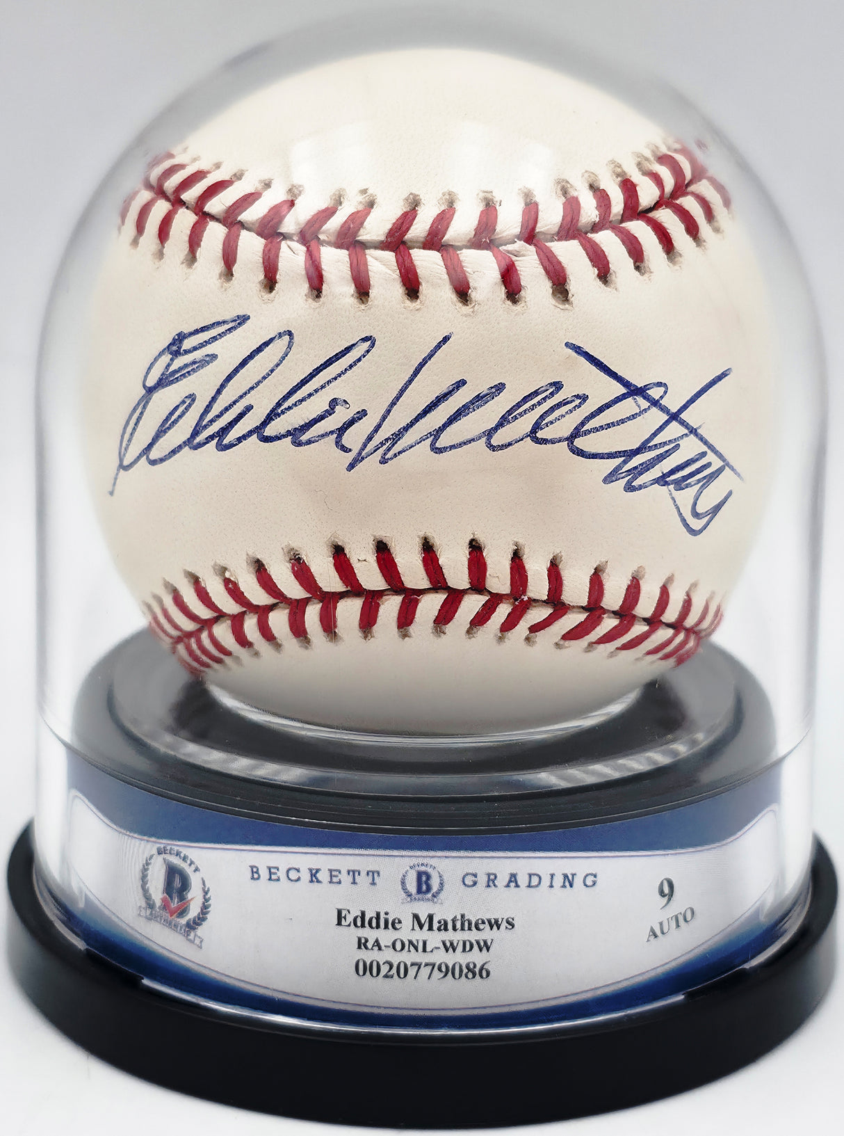Eddie Mathews Autographed Official NL Baseball Milwaukee Braves Auto Grade Mint 9 Beckett BAS #20779086