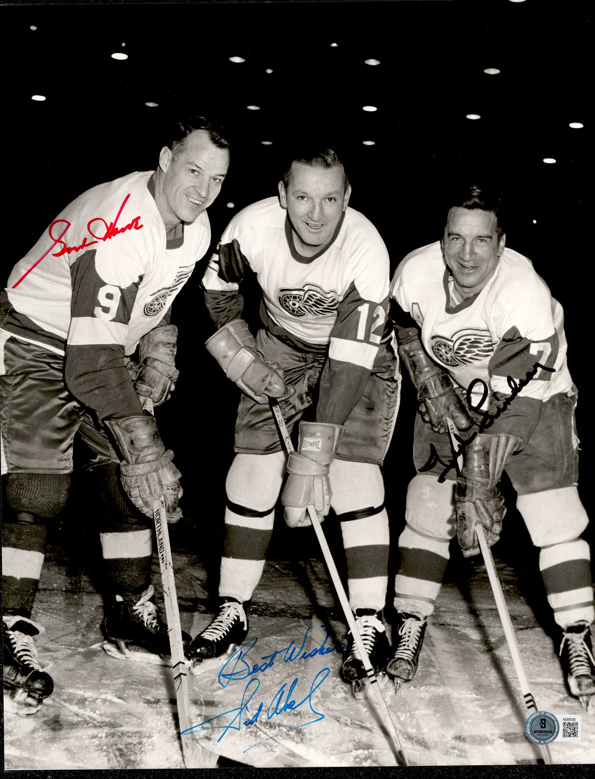 Gordie Howe, Sid Abel & Ted Lindsay Autographed 11x14 Photo Detroit Red Wings Production Line Beckett BAS #AE85536