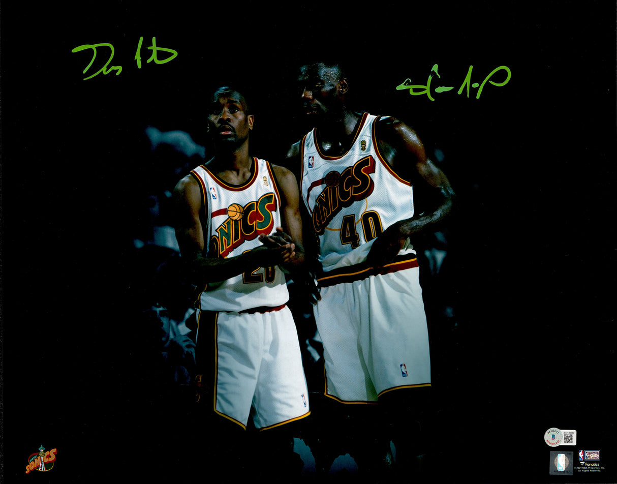 Gary Payton & Shawn Kemp Autographed 16x20 Photo Seattle Supersonics (Damaged) (Smudged) Beckett BAS QR #BE18009