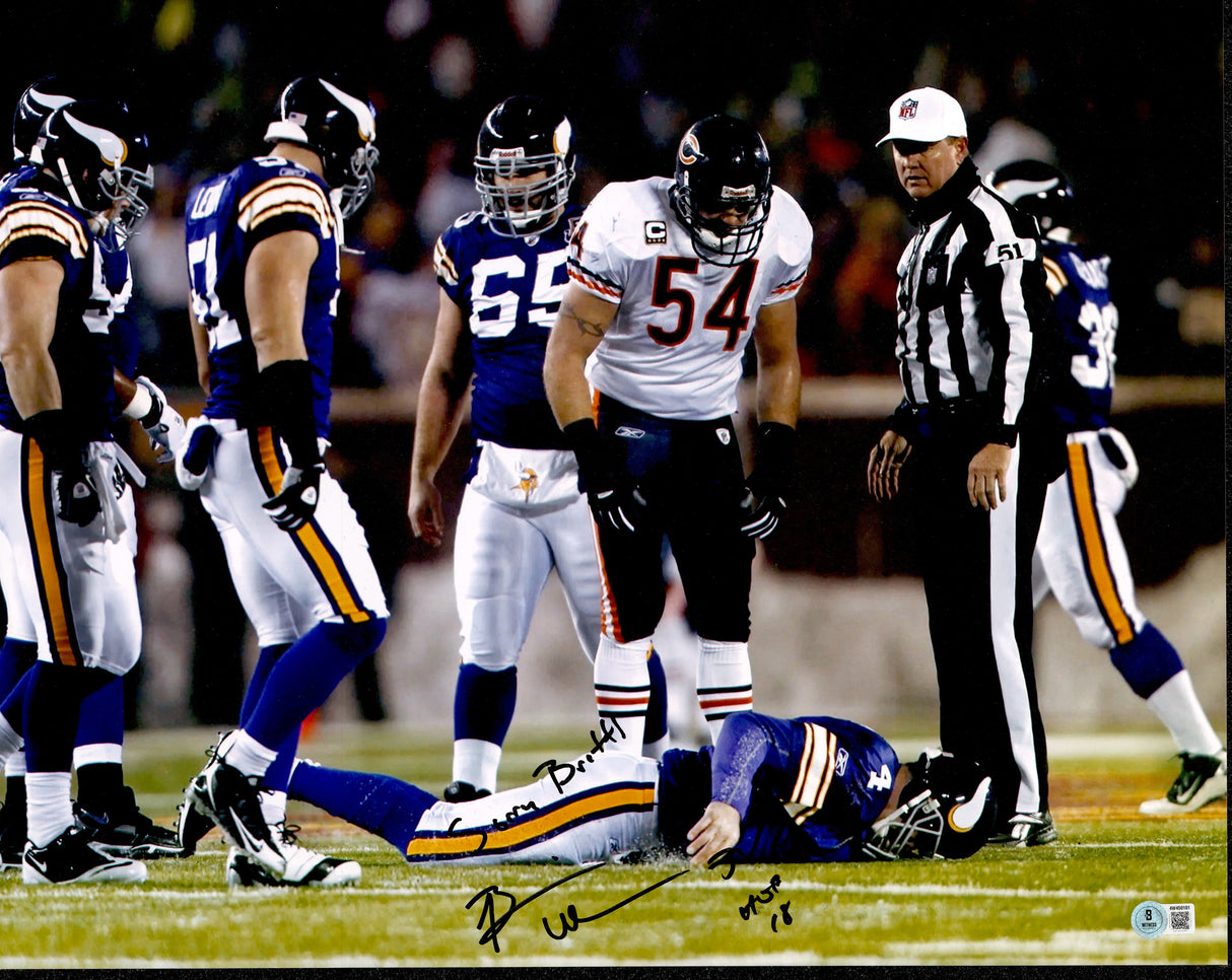 Brian Urlacher Autographed 16x20 Photo Chicago Bears "Sorry Brett! HOF 18" (Smudged) Beckett BAS Witness #4W450101