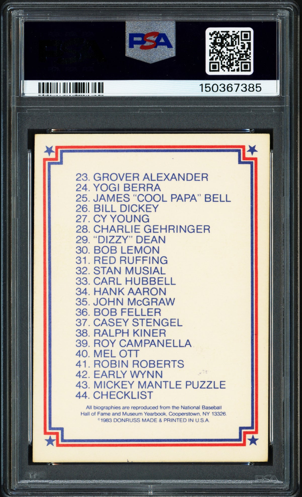 Hall of Famers Autographed 1983 Donruss Checklist Card PSA 4 Auto Grade Near Mint/Mint 8 With 4 Signatures Including Mickey Mantle PSA/DNA #150367385