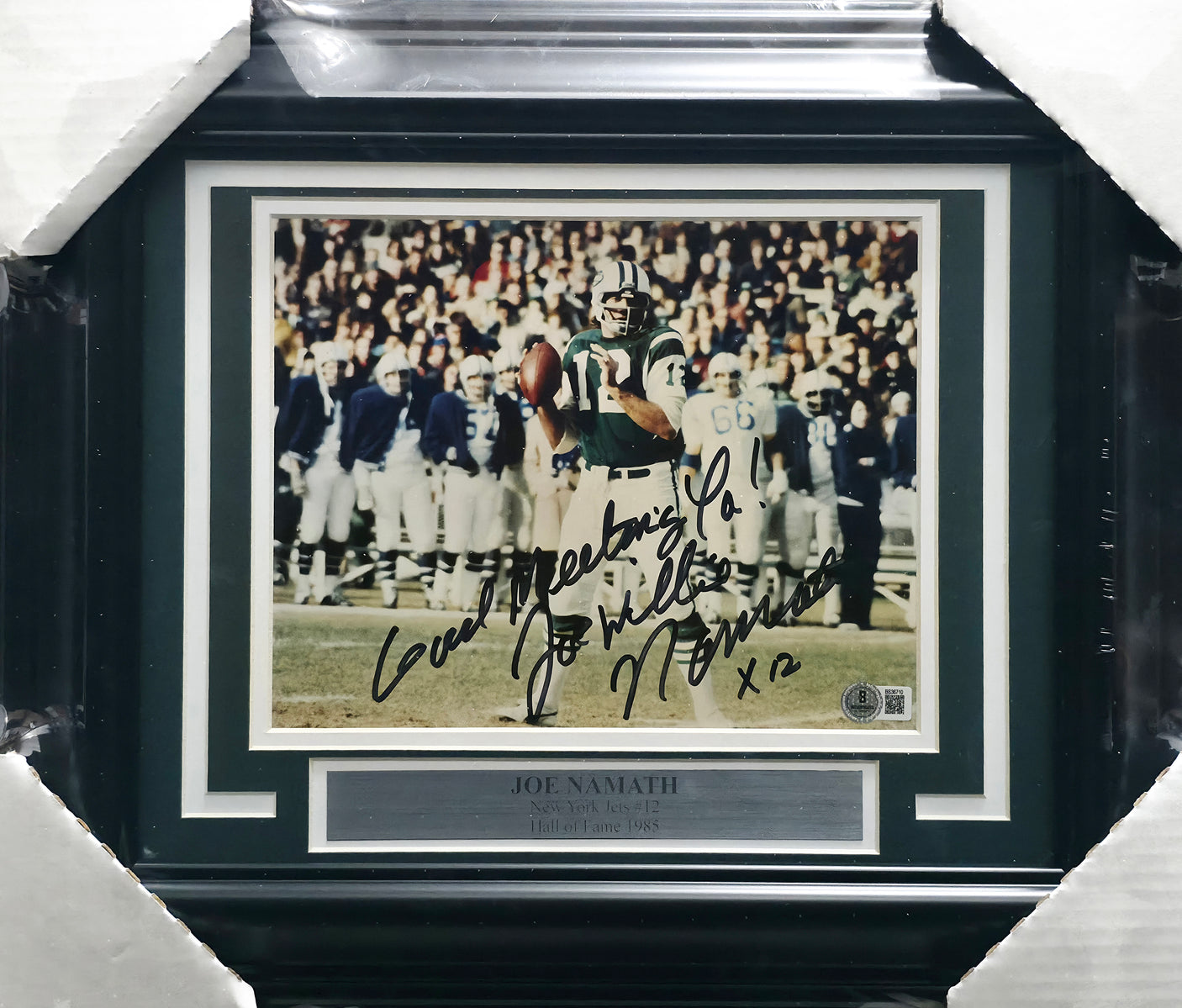 Joe Namath Autographed Framed 8x10 Photo New York Jets "Good Meeting Ya!" Beckett BAS QR #BS36710