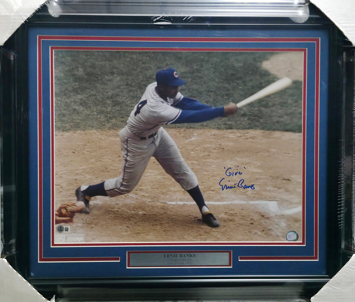 Ernie Banks Autographed Framed 16x20 Photo Chicago Cubs "Give" (Removal) Beckett BAS QR #BS30407