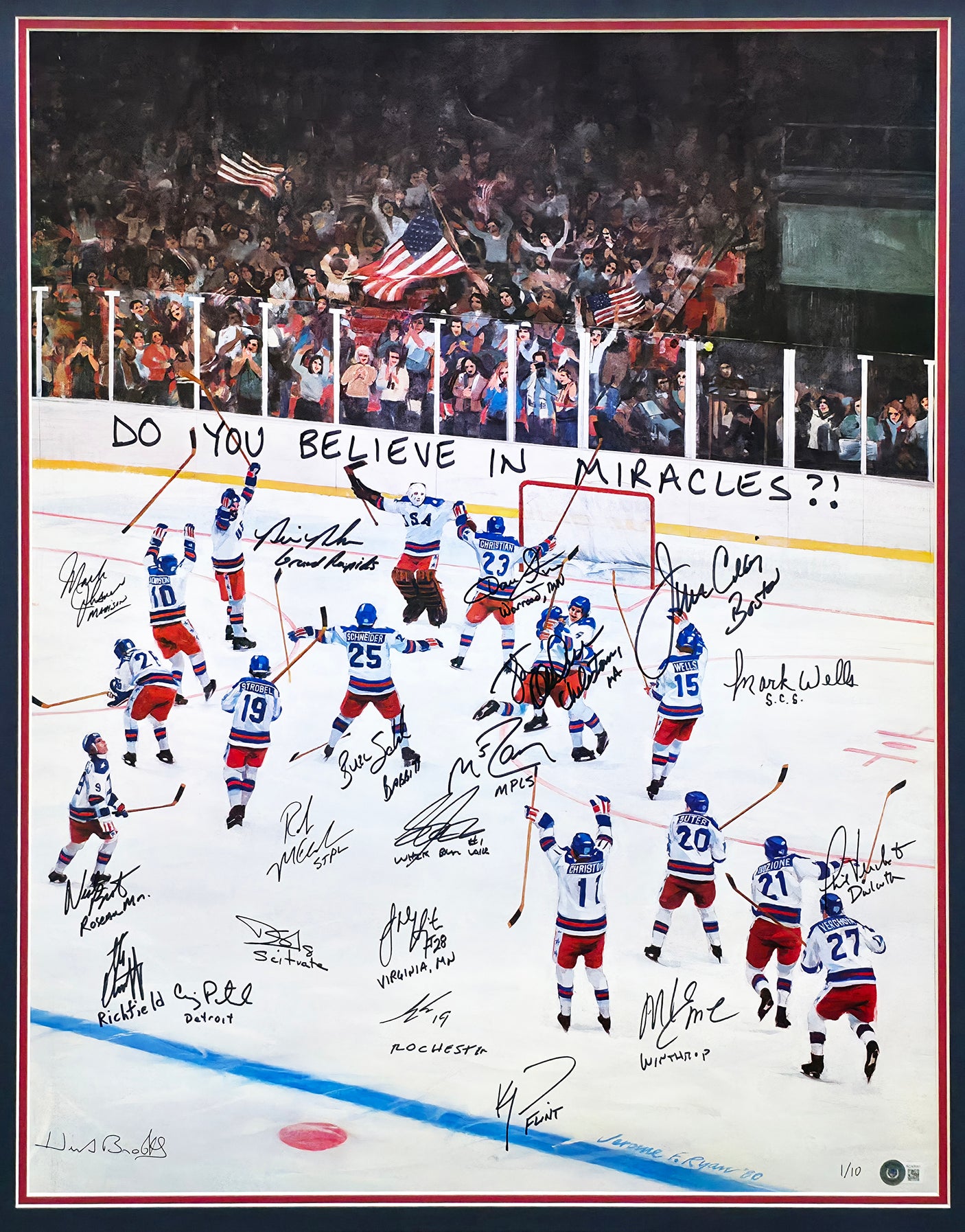 1980 Team USA Hockey Team Autographed Framed 22x30 Photo With 20 Signatures Including Herb Brooks #1/10 Beckett BAS #AC40041