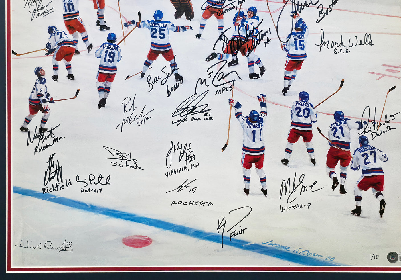 1980 Team USA Hockey Team Autographed Framed 22x30 Photo With 20 Signatures Including Herb Brooks #1/10 Beckett BAS #AC40041